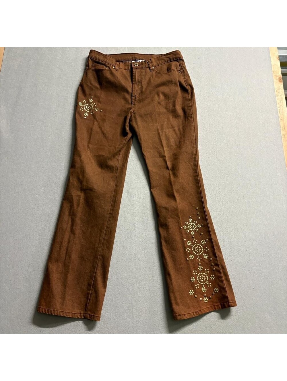 DG2 by Diane Gilman Studded Jeans Womens 12 Brown Stretch Denim Bootcut Flared